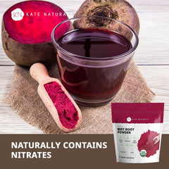 Measuring spoon with Kate Naturals beet root powder ready to mix.