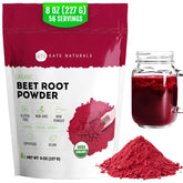 Kate Naturals Organic Beet Root Powder bottle with vibrant red powder for smoothies.
