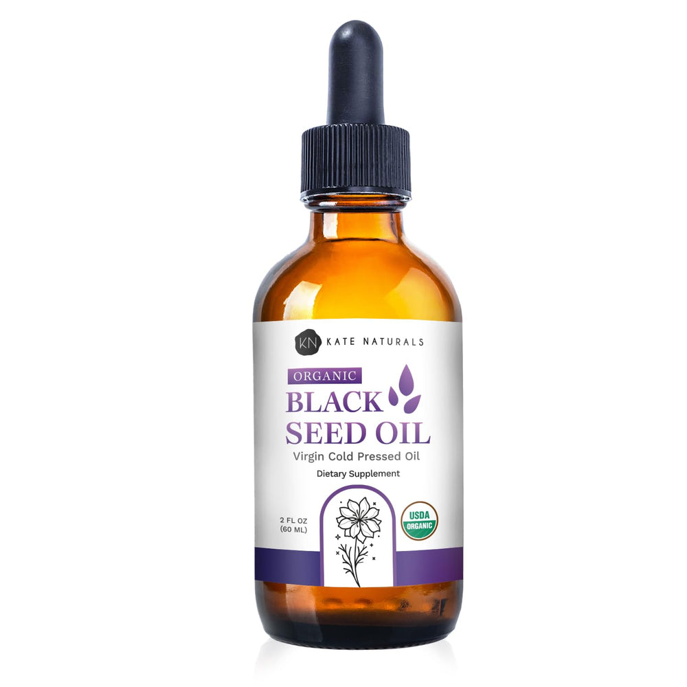 Kate Naturals Organic Black Seed Oil bottle ready for use in skin and hair care.