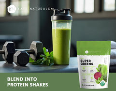 Kate Naturals powder bottle with label close-up, highlighting organic, sugar-free nutrition.