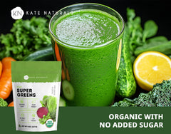 Prepared green smoothie with Kate Naturals Super Greens powder, showing convenient mix into water.