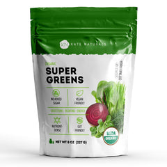 Kate Naturals Organic Super Greens Powder tub front, ideal daily greens for smoothies.