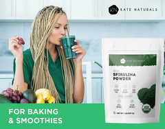 Kate Naturals spirulina powder ingredients label highlights protein and iron.