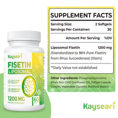 Kayseari Fisetin label detail showing 98 percent pure extract quality
