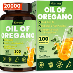 KCORMES Oil of Oregano with Black Seed Oil bottle front for immune support potential