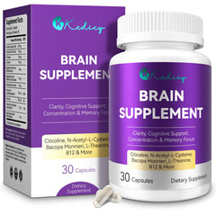Kedicy brain supplement bottle with capsules for improved focus.
