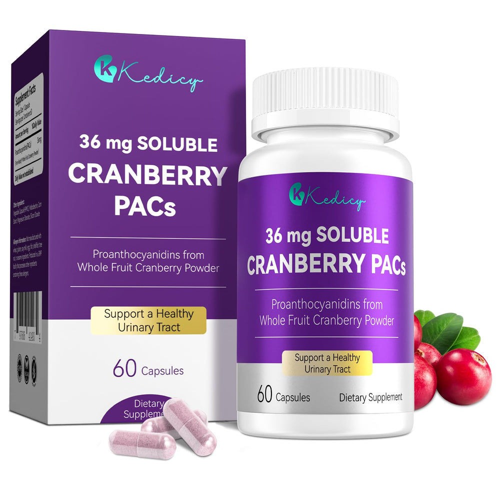 Kedicy Cranberry Pills bottle close-up showing 36 mg PACs per capsule for daily use.