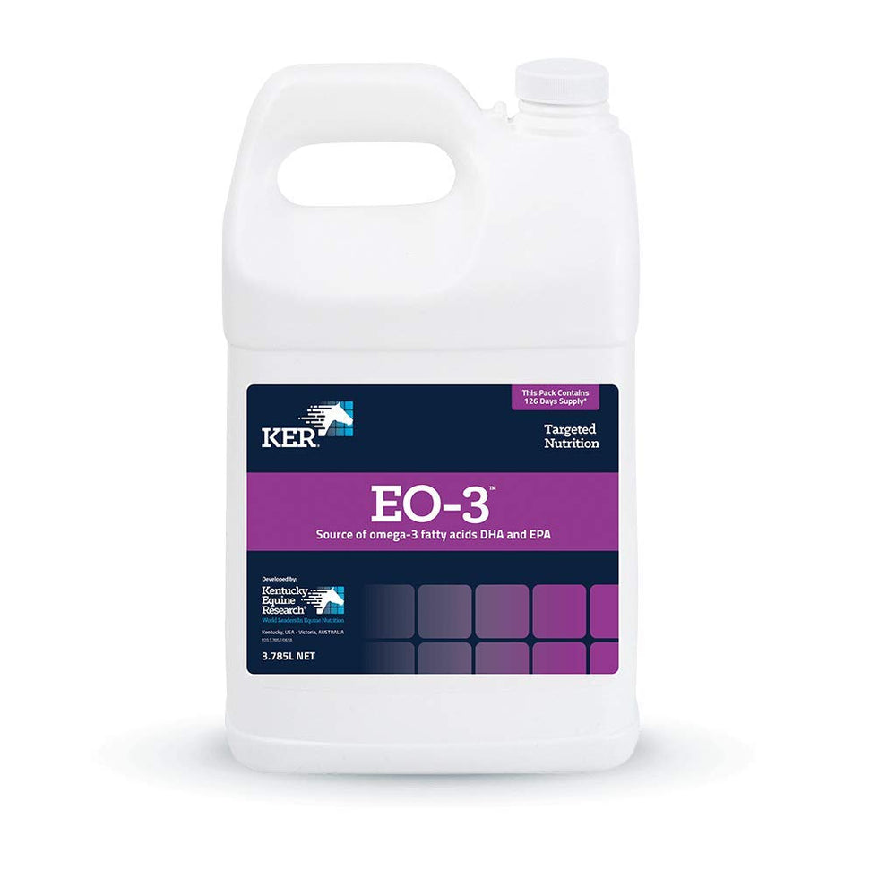 Kentucky Equine Research EO-3 pour bottle showing omega-3 support for joints in horses.