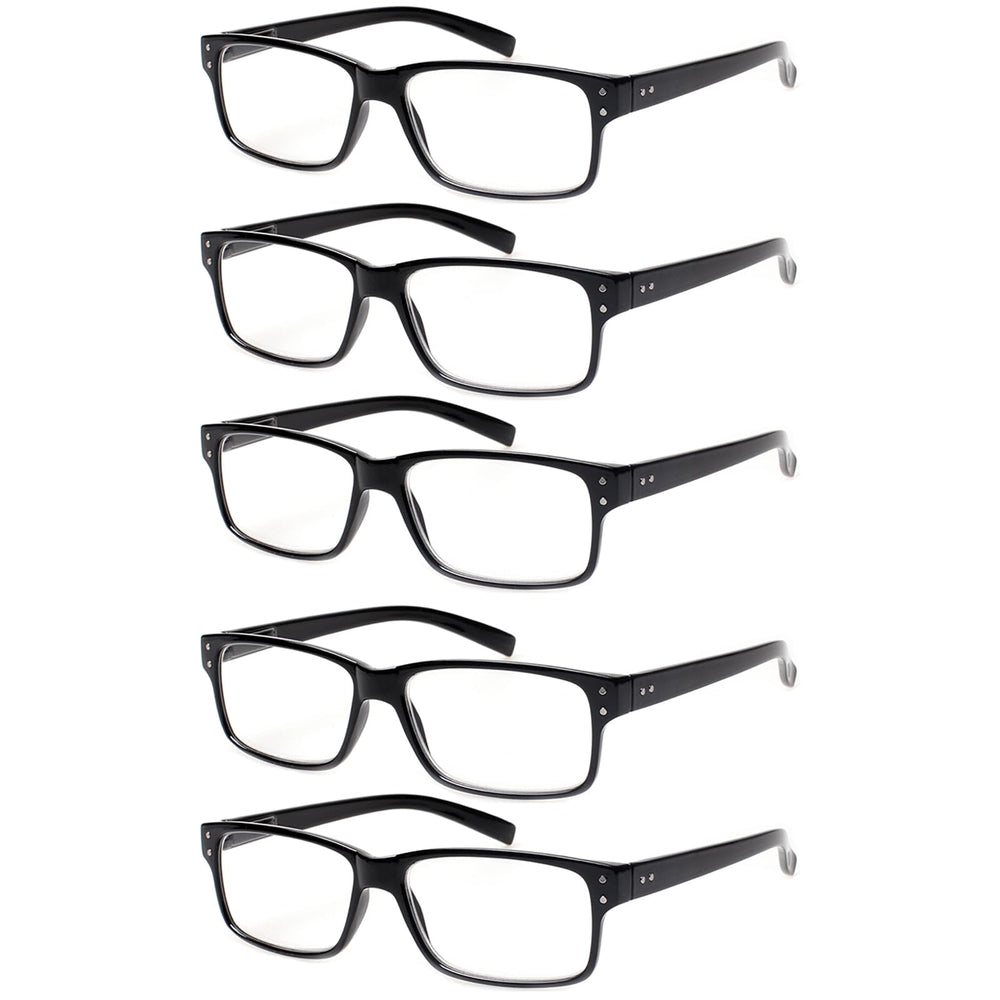 Kerecsen reading glasses with five black rectangle frames for near-vision tasks.