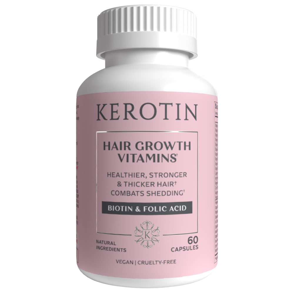 Kerotin Hair Growth Vitamins bottle highlights nutrients for hair nourishment.