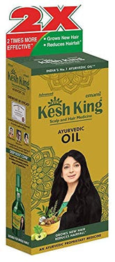 Kesh King Ayurvedic Hair Oil bottle highlights herbal formula for nourished scalp.