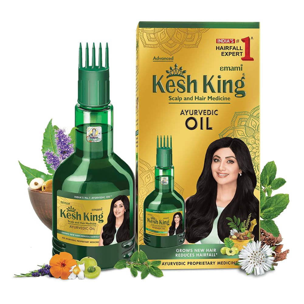 KESH KING Ayurvedic hair oil bottle for scalp nourishment.
