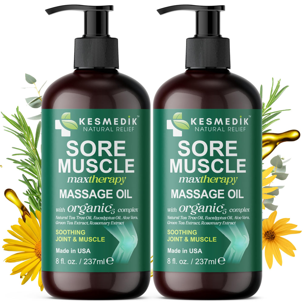 KESMEDIK Sore Muscle Massage Oil arnica bottle for soothing post-workout relief.