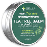 KESMEDIK Tea Tree Oil MaxTherapy Balm packaging shows safe, all-ages skincare use.