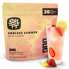 Keto Chow SALTT Endless Summer packet front highlights zero sugar hydration for active days.