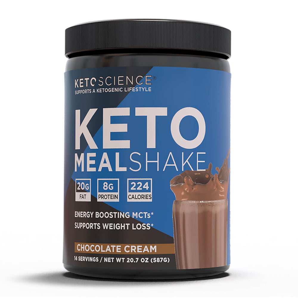 Keto Science Keto Shake Chocolate tub showing creamy, low-carb meal replacement