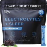 Keto Vitals Sleep Drink packets elderberry closeup emphasizes flavor and hydration.