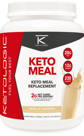 Ketologic KetoMeal vanilla powder in a tub for quick, satisfying meal replacement.