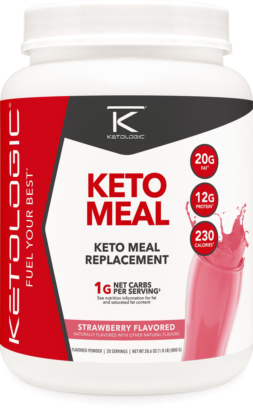 Ketologic Keto Meal Replacement Shake Strawberry bottle highlights keto-friendly nutrition for busy days