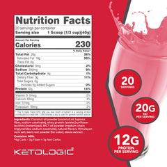 Ketologic Keto Meal Replacement Shake Strawberry scoop suggests quick, measured servings for travel