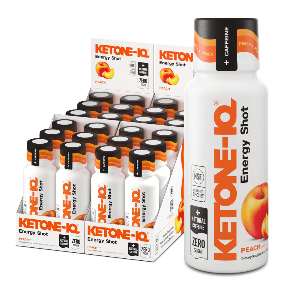 Ketone-IQ peach energy shot bottle delivers steady, clean energy.