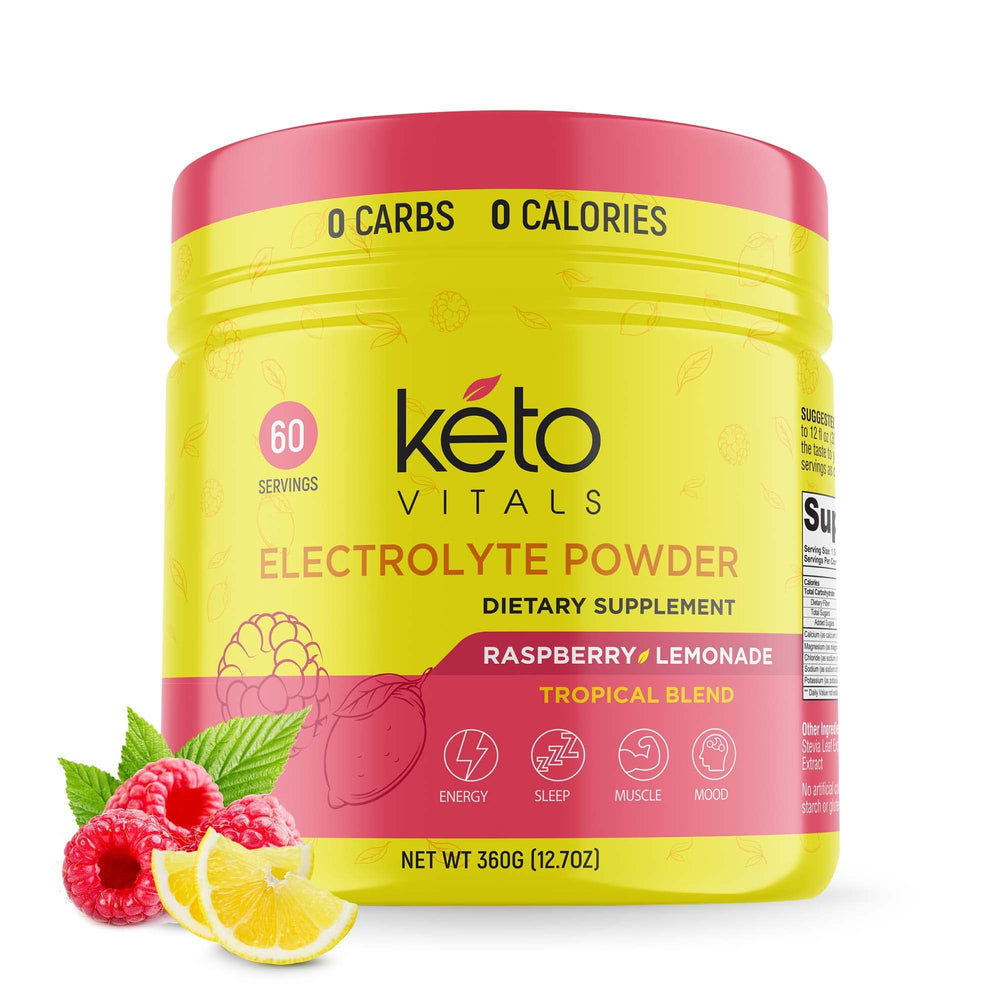 Keto Vitals Electrolytes Raspberry Lemonade powder in a glass supports daily hydration.
