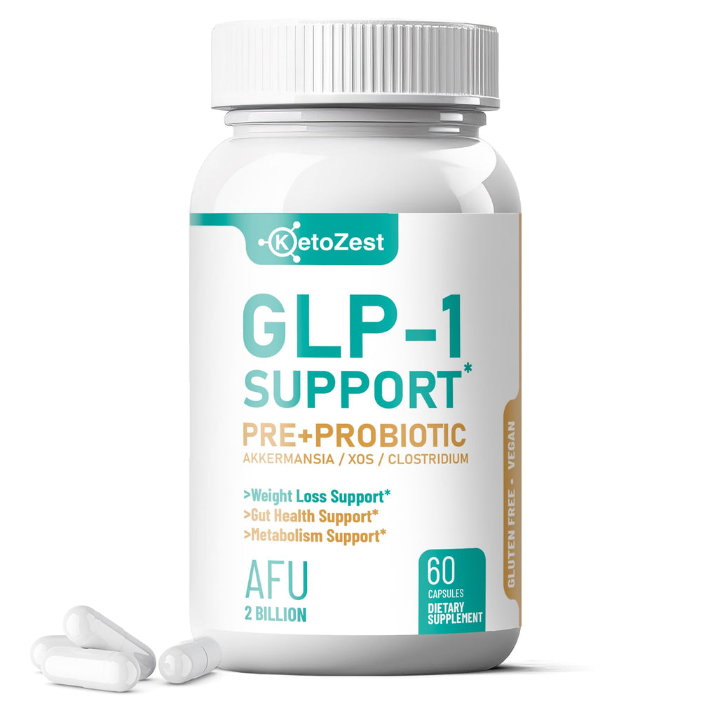 KetoZest GLP-1 Support bottle label promoting gut balance and metabolic wellness.