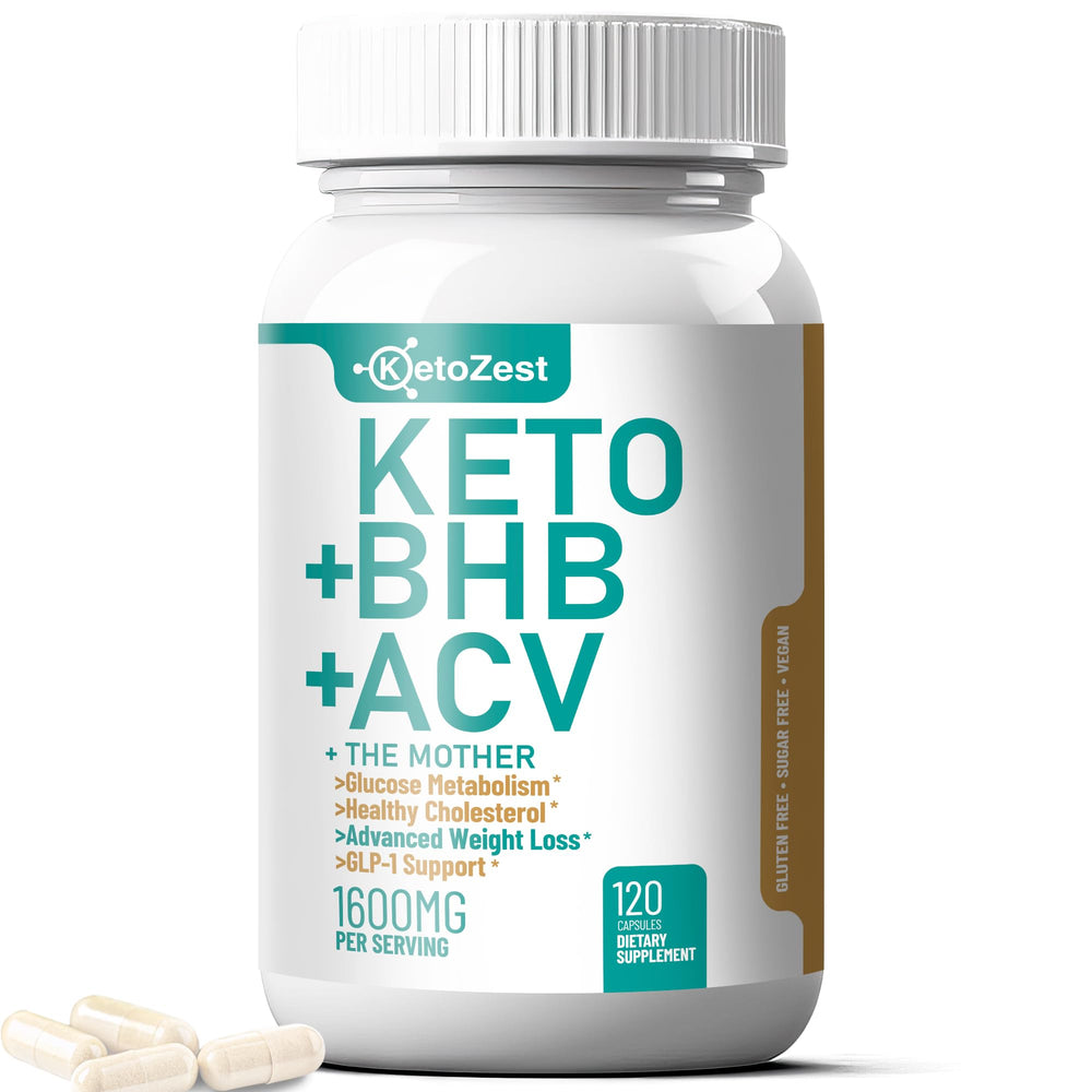 KetoZest Keto ACV BHB capsules bottle on white surface for convenient daily use supporting appetite control