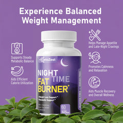 KetoZest Nighttime Fat Burner label close-up highlighting a stimulant-free, clean-label formula.