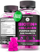 Key Elements hair growth gummies bottle for shiny, strong hair.