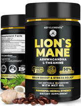 Key Elements Lions Mane bottle close-up highlighting brain support potential.