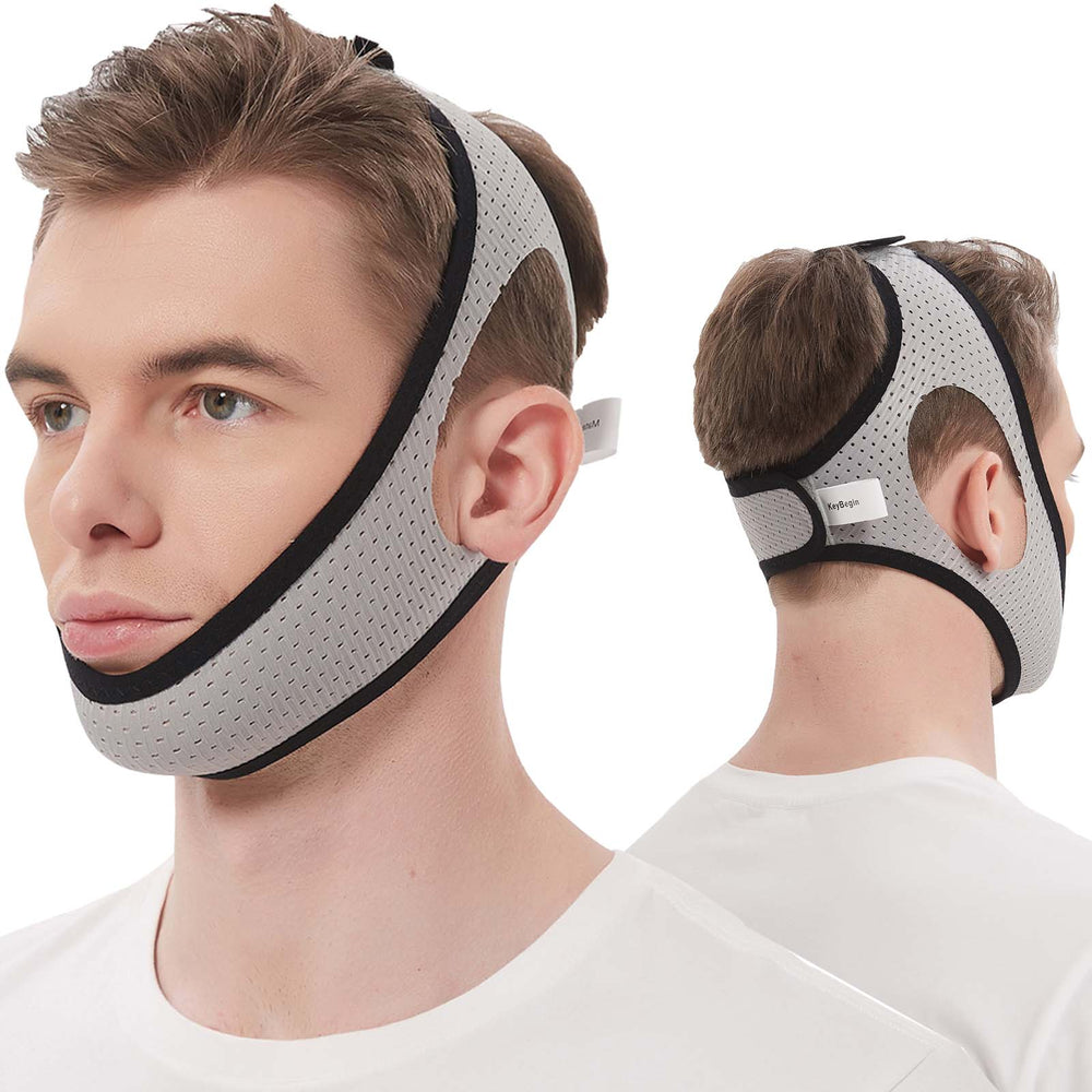 KeyBegin CPAP chin strap front view shows secure mouth closure for nighttime comfort.