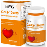 KFG CoQ10 softgels bottle front promoting heart health support.