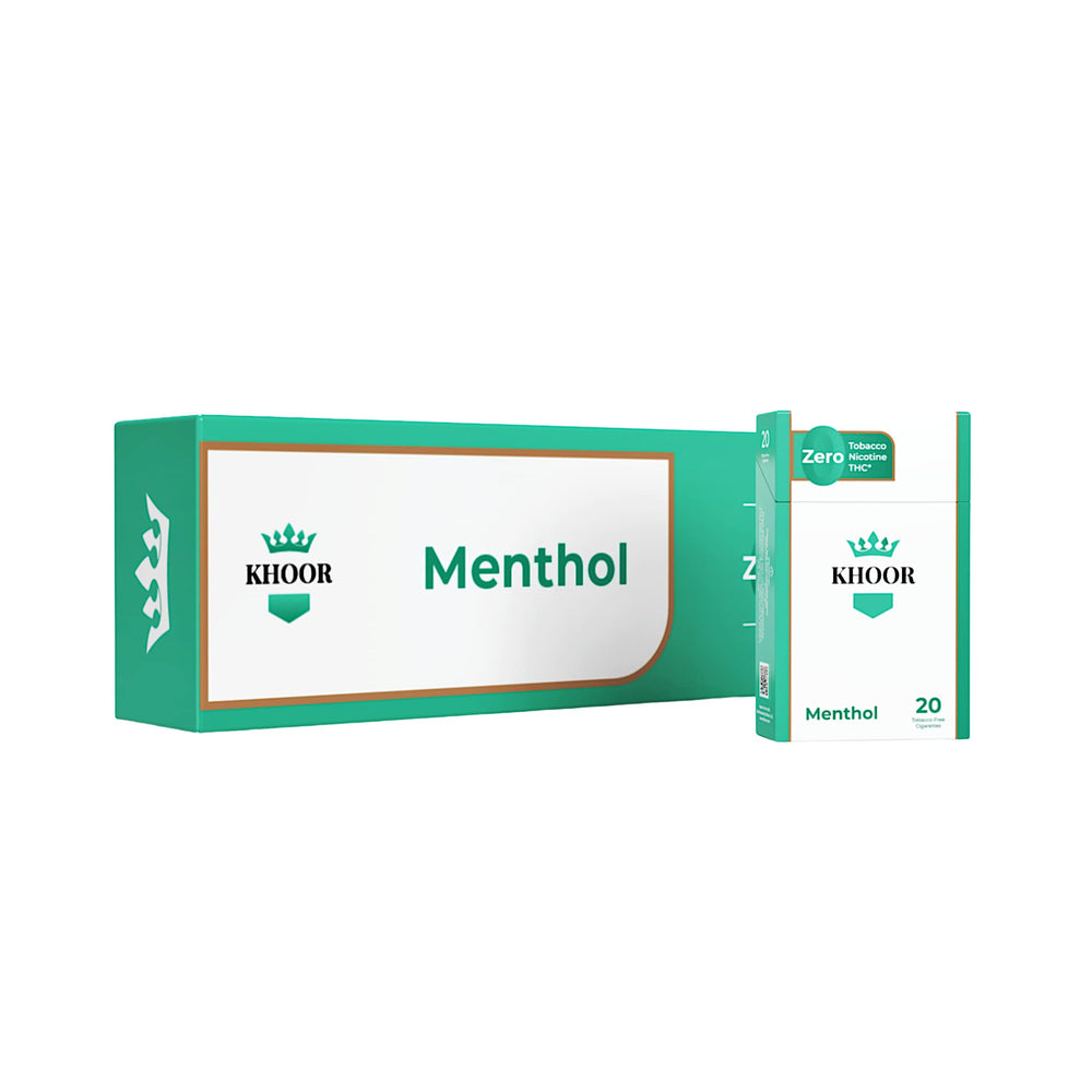 KHOOR Menthol Carton front view shows a tobacco-free, nicotine-free option for a refreshing smoking ritual.