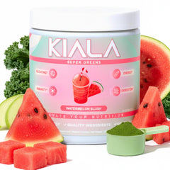 Kiala Nutrition Super Greens Watermelon Slush bottle pour for a refreshing daily greens boost.