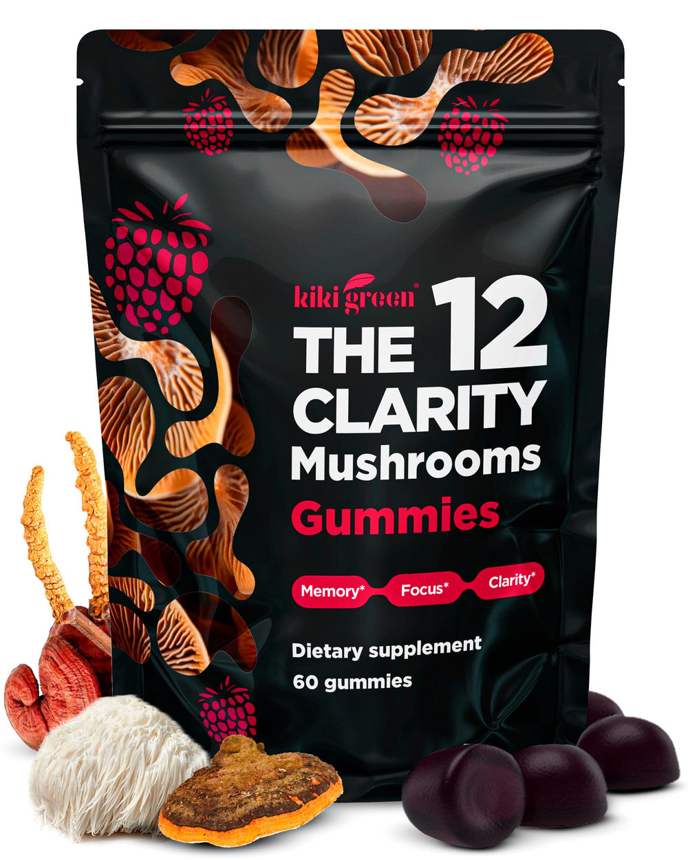 KIKI Green 12-mushroom gummies bottle front supports daily focus and energy.
