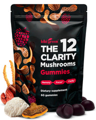 KIKI Green 12-mushroom gummies bottle front supports daily focus and energy.