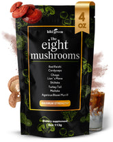 KIKI Green 8 Mushroom powder bottle promoting energy support for daily use.