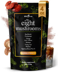 KIKI Green 8 Mushroom powder bottle promoting energy support for daily use.