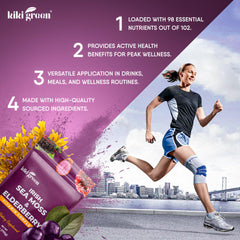 KIKI Green ingredients graphic featuring elderberry and sea moss for balanced nutrition.