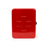 Kikkerland red steel first aid case closed, compact and sturdy for home use.