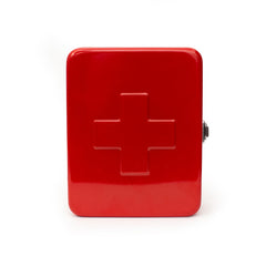Kikkerland red steel first aid case closed, compact and sturdy for home use.