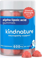 KindNature Alpha Lipoic Acid Gummies bottle highlighting 600 mg per serving for daily support.