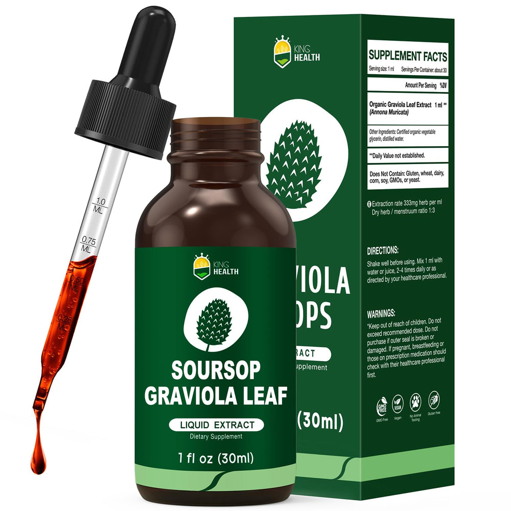 KingHealth organic soursop leaf drops bottle with clear labeling for easy dosing.
