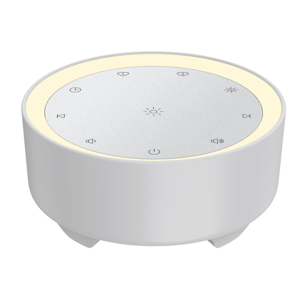 Kipcush white noise machine front view, compact bedside setup for easier sleep