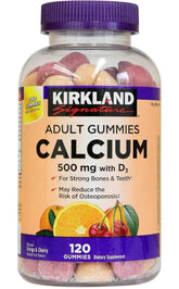 Kirkland Signature calcium gummies bottle front, convenient chewable option for adults.
