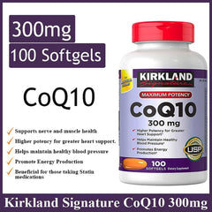 Kirkland CoQ10 300 mg bottle pouring, easy daily supplement for vitality.