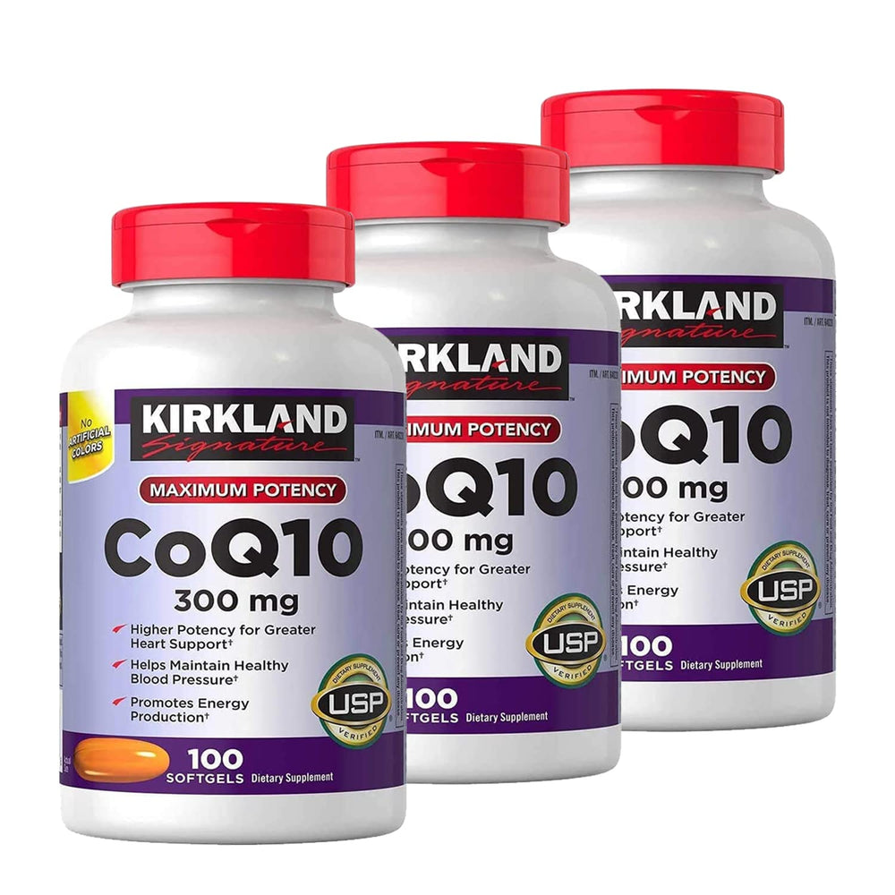 Kirkland CoQ10 300 mg softgels bottle view, potential energy support for daily routines.