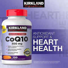 Kirkland CoQ10 300 mg softgels close-up, antioxidant protection for cellular wellness.