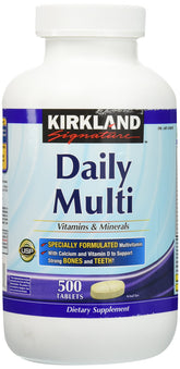 Kirkland Daily Multi bottle closeup showing calcium and vitamin D support.